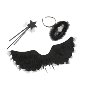 Three-piece black angel costume set with layered mesh wings, halo, and star wand