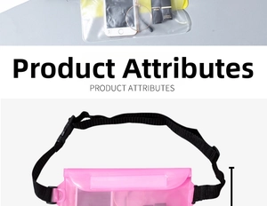 Macro detail of pink waterproof waist bag with adjustable strap and product dimensions