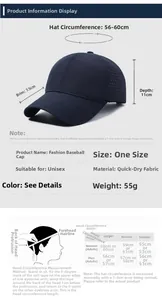 Size chart for quick-dry baseball cap showing dimensions and head circumference guide