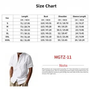 Detailed size guide table for men's linen Henley shirt showing measurements in CM and INCH