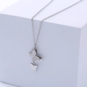 Minimalist silver titanium steel double butterfly pendant necklace with frosted finish