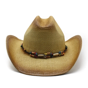 Western Cowboy Straw Hat Paper Beaded Band Wide Brim Summer Sun Hat Vintage Ethnic Style Women