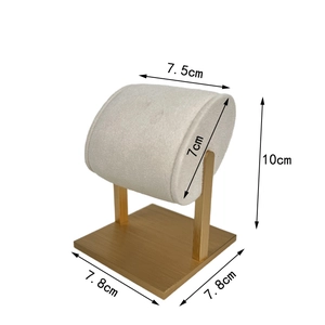 Minimalist T-bar jewelry watch stand with beige velvet top and wooden base display