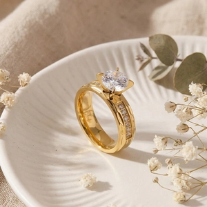Detail of gold titanium steel wedding ring with large round zircon in a ceramic tray