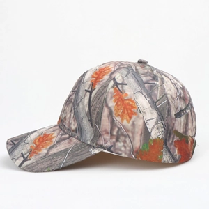 Detail view of the multi-panel camouflage baseball hat with realistic forest leaf patterns