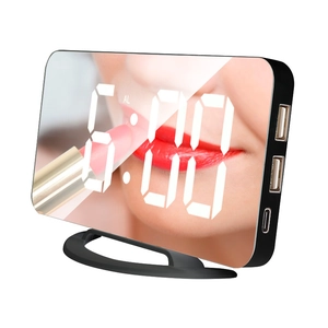 Black LED mirror digital alarm clock with USB ports and sleek desktop base stand