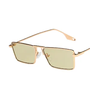 Retro square metal sunglasses with light yellow lenses and slim gold frame design
