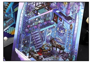 Detail of purple fantasy miniature scene sticker with books and ocean decor