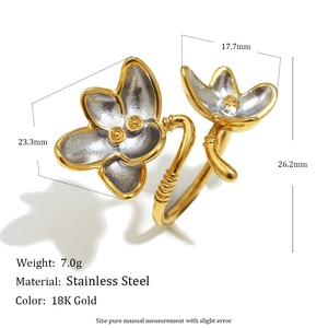 Dual-tone 18K gold plated stainless steel flower open ring with dimensions and weight