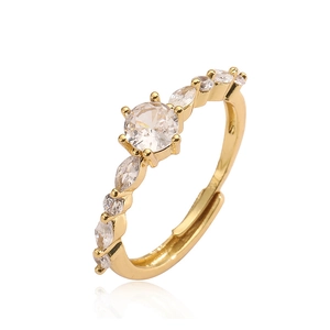 Gold-plated adjustable V-shape ring with sparkling zircon stones and a central pearl accent
