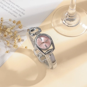 Elegant silver steel strap watch with pink sunburst Roman dial on aesthetic background