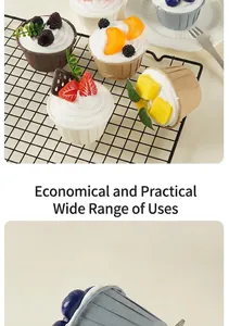 Macro detail of artificial cupcakes with realistic fruit toppings on a cooling rack