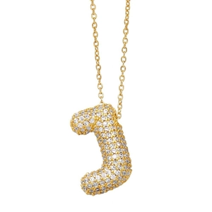 Detailed view of bubble balloon initial J pendant with micro-pave crystals on gold chain