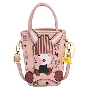 Pink bucket bag with cute cartoon rabbit print and detachable leather crossbody strap