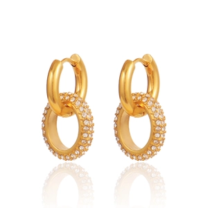 18K Gold Plated Stainless Steel Rhinestone Hoop Earrings Double Circle Geometric Fashion Jewelry For Women Gift