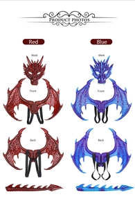 Detailed front and back views of dragon wings, tail, and mask set in red and blue