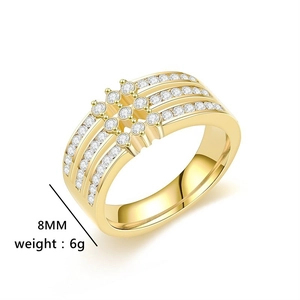Detailed macro view of 8mm golden titanium steel ring with three rows of cubic zirconia
