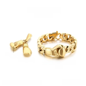 Detailed specs of gold stainless steel boxing glove pendant and Cuban link bracelet set