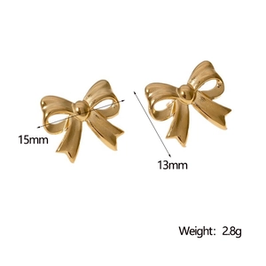 Detailed size view of gold bow earrings showing 15mm width and 13mm height