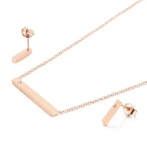 Collier À Barre Verticale Minimaliste Et Boucles D'Oreilles Clous Acier Inoxydable 316L Plaqué Or Rose Strass Géométrique