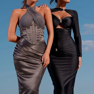 Chic long sleeve evening dress with sexy hollow out detail and high slit design