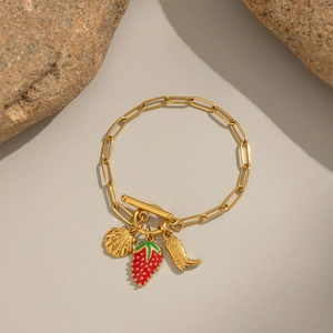 Bracelet en acier inoxydable doré 18 carats avec pendentifs coquillage, fraise et botte