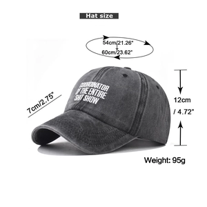 Detailed size guide for washed cotton baseball cap with head circumference and brim dimensions