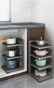 Close-up of adjustable gun grey metal kitchen pot rack showing multi-layer storage