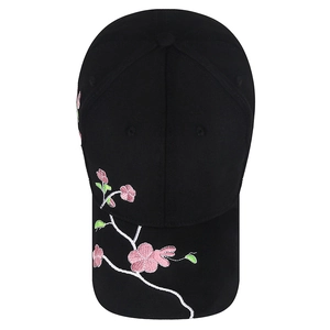 Classic black baseball cap with plum blossom embroidery and adjustable curved brim