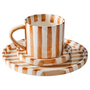 Japanese retro ceramic coffee mug set with hand-painted brown stripes on white background