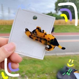 Detail showing a cute cat-shaped hair clip in acetate shell finish on a display card