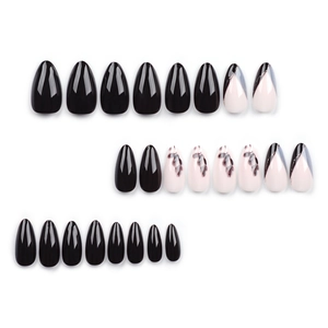 Faux ongles stiletto longs brillants noirs et roses avec motif de plumes