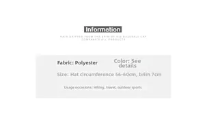Detailed chart showing 56-60cm circumference and 7cm brim size for polyester baseball caps