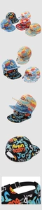 Detail showing colorful graffiti print baseball caps with adjustable metal buckles