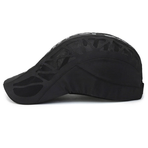 Men's breathable black mesh flat top cap with fashion embroidery from a side view