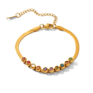 Close-up of 18k gold plated snake chain bracelet with colorful zircon stones and extension
