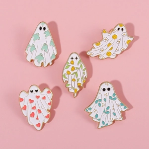 Set of five cute Halloween ghost enamel pins with colorful floral and heart patterns