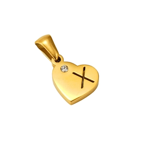Detailed view of a gold heart pendant with letter X and a sparkling rhinestone