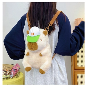 Detailed back view of a cute plush capybara backpack with a baseball cap on a model