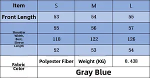 Detailed size chart for grey blue cable knit sweater showing S, M, L measurements in cm