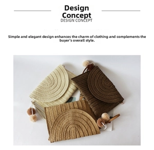 Straw envelope clutches in beige, camel, and dark brown with pom-pom accents