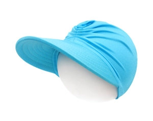 Close-up of blue pleated breathable fabric on kids sun hat with wide brim and open top