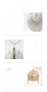 Detalle de flecos de cristal y adornos de perlas en el bolso de fiesta esférico