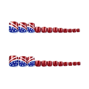 Glossy square press-on toenails featuring US flag stripes and red glitter designs