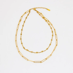 Double layered 18K gold stainless steel chain necklace with paperclip and bead design