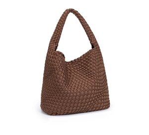 Detailed view of brown hand-woven neoprene fabric texture on the oversized tote bag