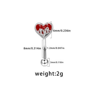 Detailed technical diagram of silver heart flame belly ring with metric size dimensions