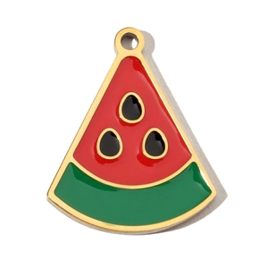 Detail of watermelon slice pendant featuring red and green enamel and gold-plated edges