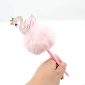 Cute Swan Pom Pom Gel Pen Pink Faux Fur Decorative Writing Pens For Students Girls Stress Relief Office
