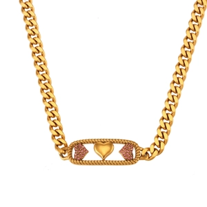 Gold-plated Cuban link necklace with three hearts pendant and pink zircon accents